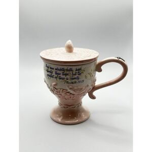 Pink Porcelain Tea Cup By Michel & Co With Bible Verse 1 Corinthians 13:13